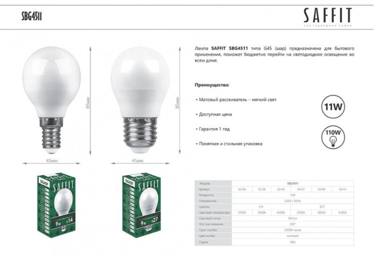 Светодиодная лампа SAFFIT 55140